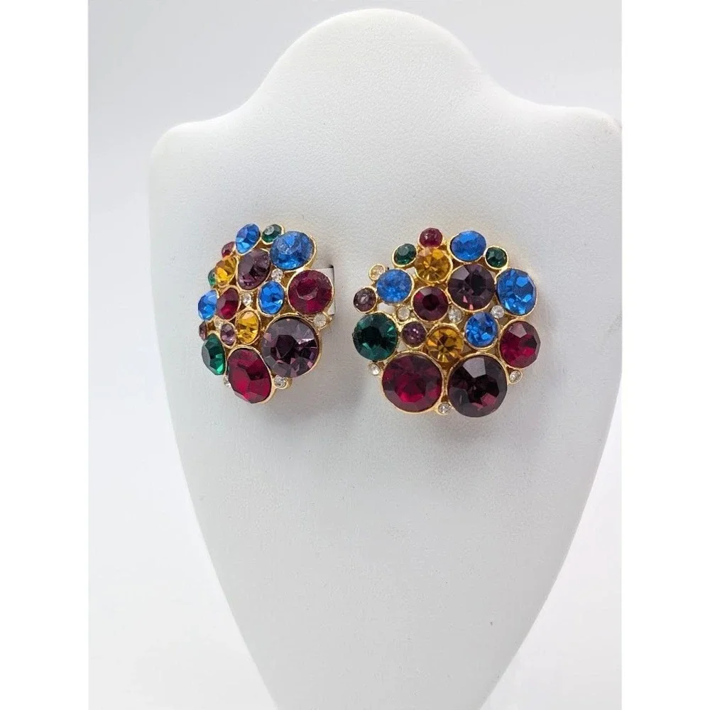 VTG Rhinestone Cluster Earrings Gold Tone‎ Multicolor Pave Clip On Rainbow